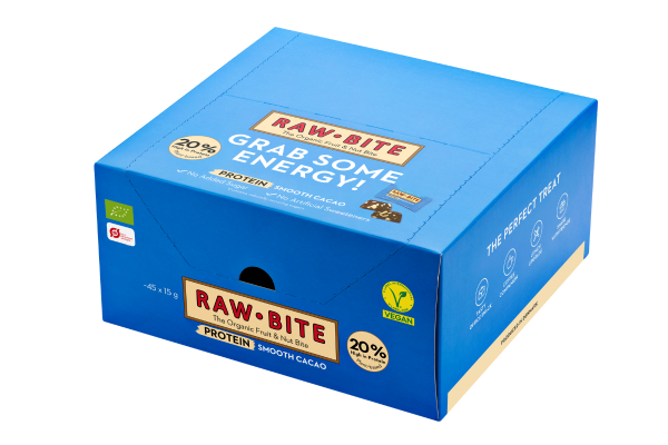 Box of Raw Bite protein Smooth Cacao bars with blue packaging on a white background