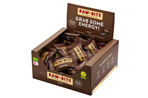 Open RAWBITE Office Box with cacao bars on a white background