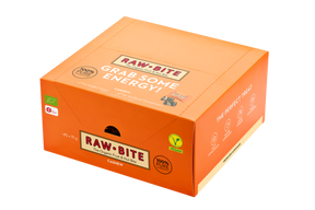 Closed Cashew Office Box with RAWBITE mini bars on a white background