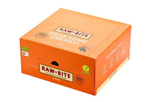 Closed Cashew Office Box with RAWBITE mini bars on a white background
