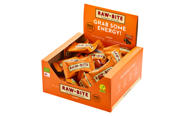 Box of RAWBITE Cashew mini bars on a white background