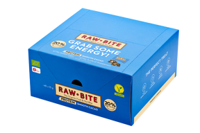 Box of Raw Bite protein Smooth Cacao bars with blue packaging on a white background
