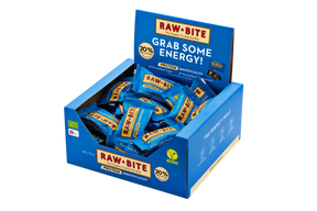Box of Raw Bite protein Smooth Cacao bars with blue packaging on a white background