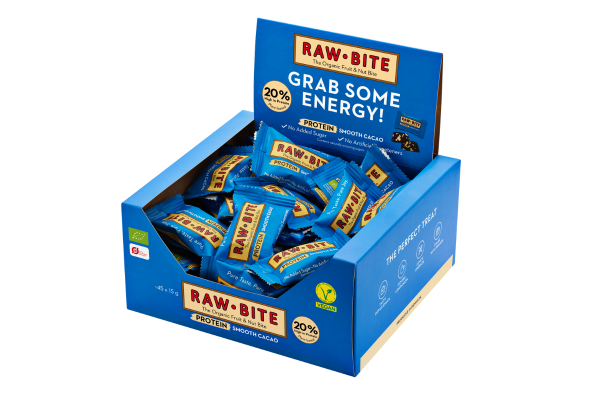 Box of Raw Bite protein Smooth Cacao bars with blue packaging on a white background